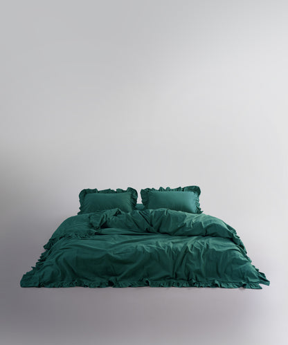 Комплект постільної білизни з рюшами, 100% stonewashed бавовна, темно-зелений колір, підковдра 200x200, наволочки 50x70, простирадло 240x260