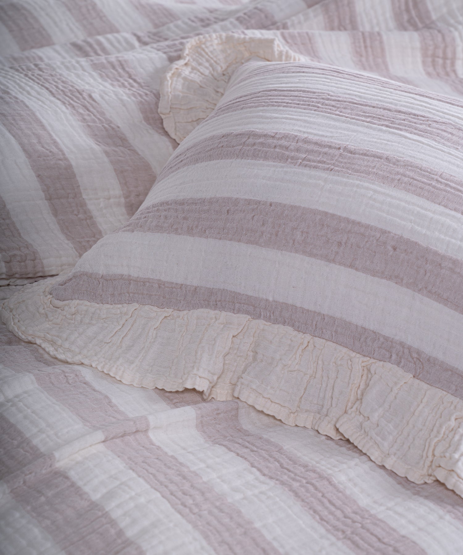 Комплект постільної білизни з мусліну 100% бавовна (Garment Washed) – Натуральний бежевий у смужку