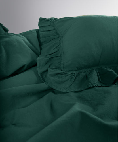 Exclusive Комплект Постільної Білизни З Рюшами З Stonewashed Бавовни 100%, Темно-Зелений