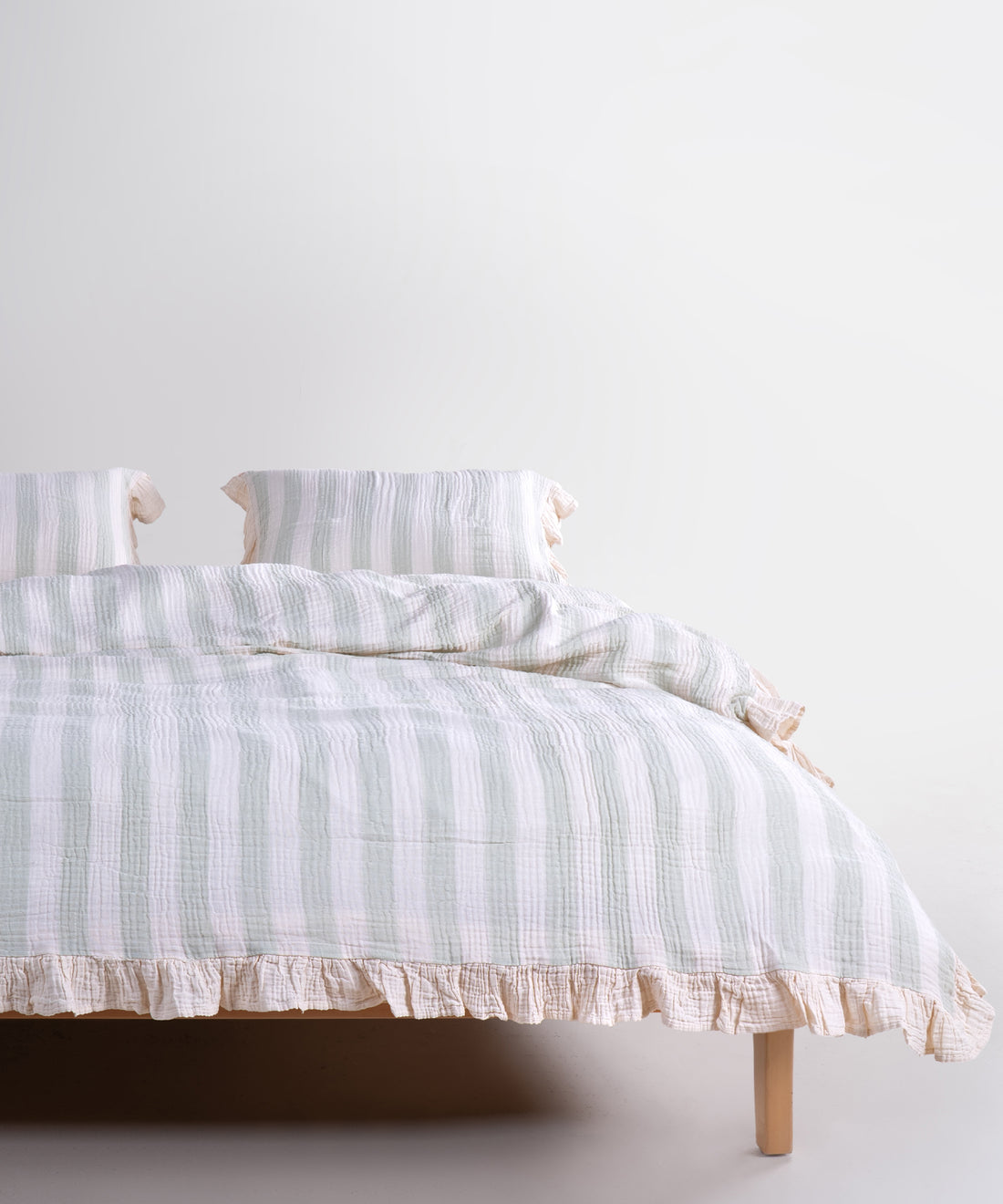 Комплект постільної білизни з мусліну 100% бавовна (Garment Washed) – Кремовий з м’ятними смугами