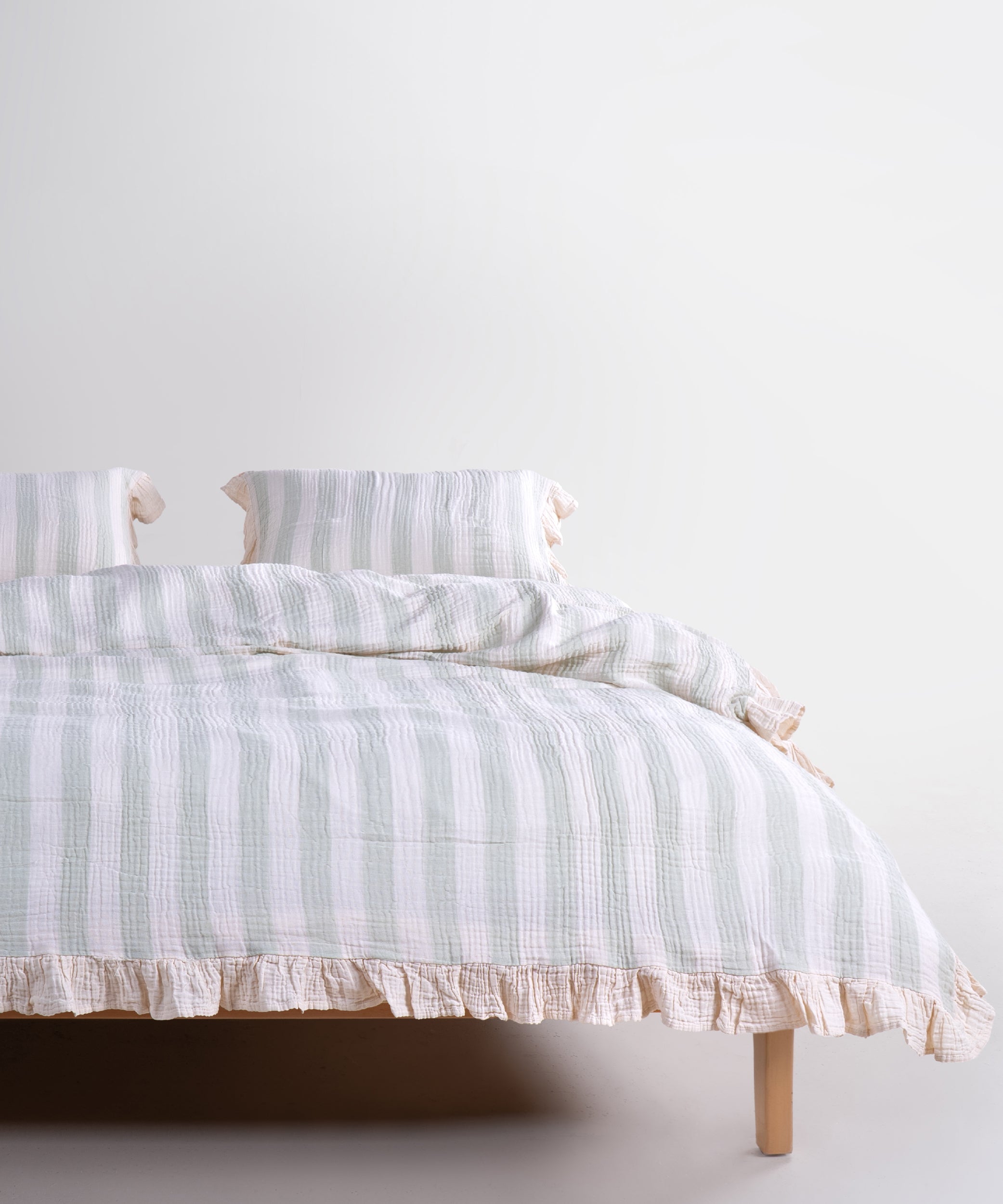 Комплект постільної білизни з мусліну 100% бавовна (Garment Washed) – Кремовий з м’ятними смугами