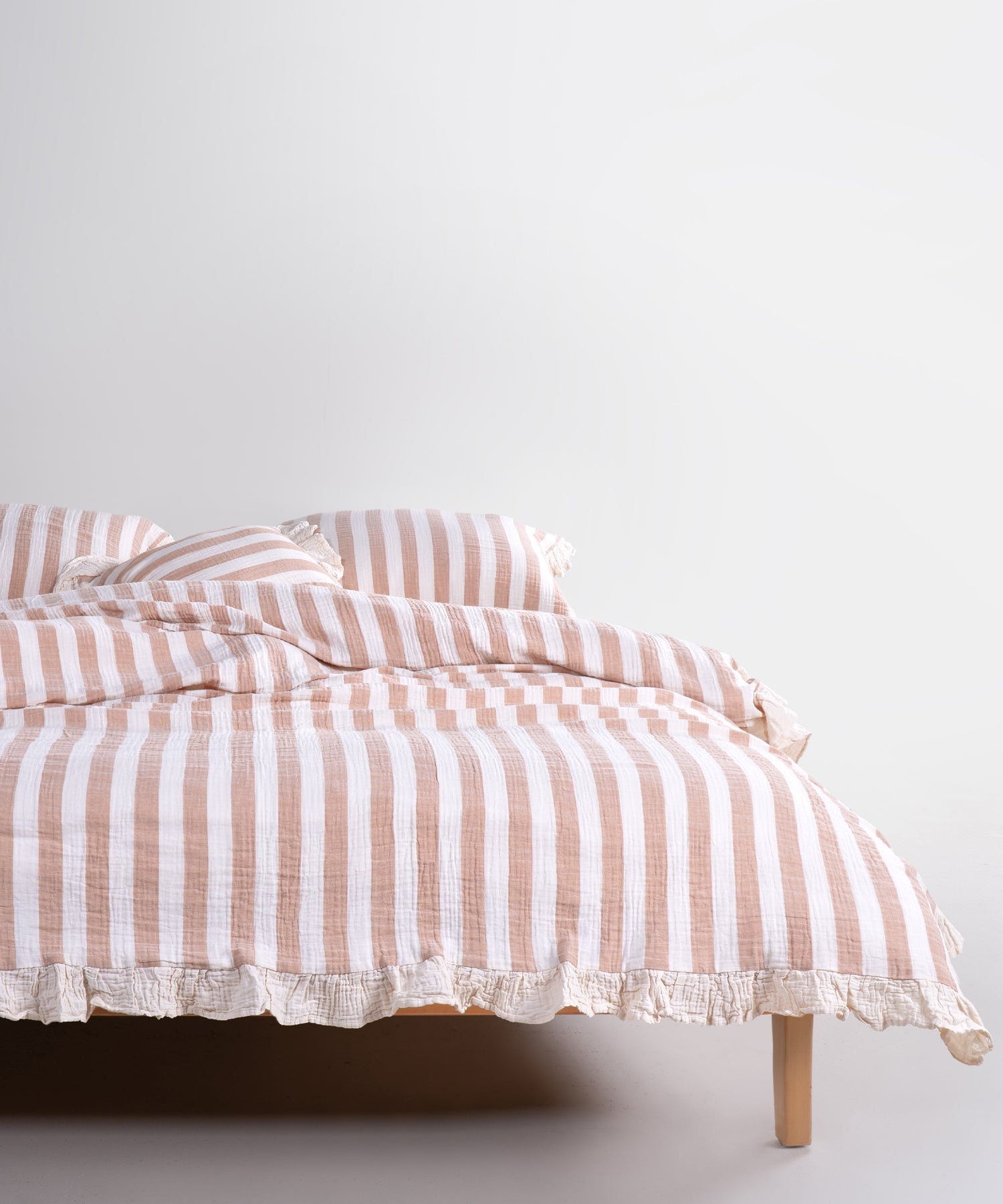 Комплект постільної білизни з мусліну 100% бавовна – Кремовий з бежево-гірчичними смугами (Garment Washed)