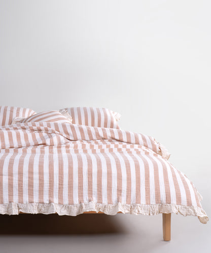 Комплект постільної білизни з мусліну 100% бавовна – Кремовий з бежево-гірчичними смугами (Garment Washed)